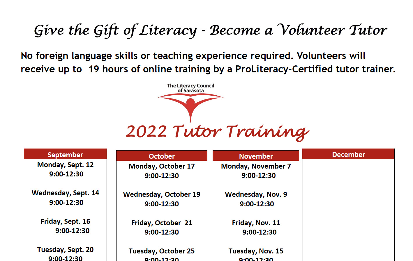 2022 Tutor Training schedule