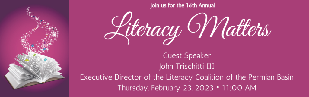 image with information about annual luncheon with white letters on a pink background