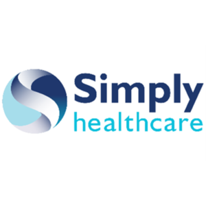 simply healthcare logo with blue letters and a circle with dark and light blue swirls