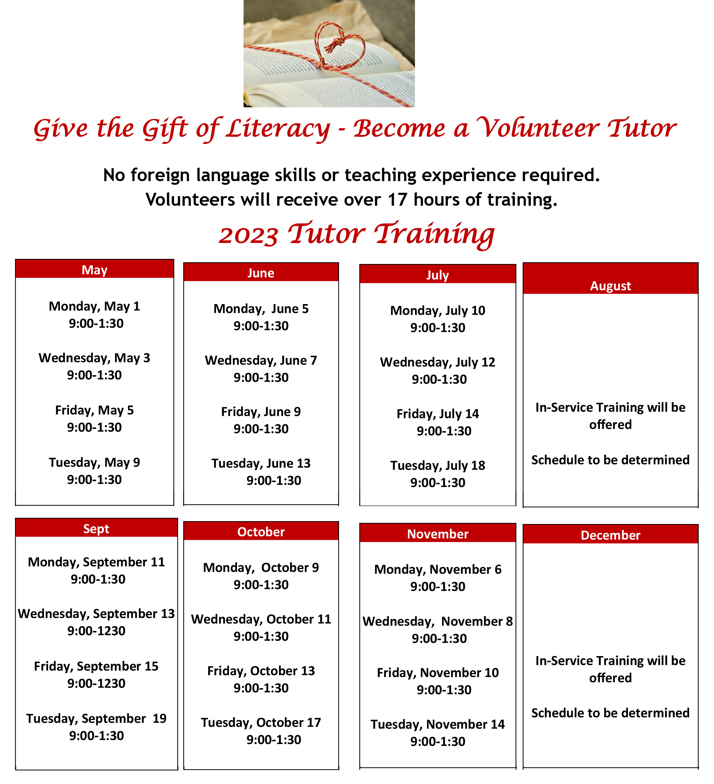 Tutor training schedule May to December 2023
