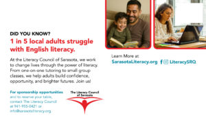 Postcard highlighting adult literacy impact by The Literacy Council of Sarasota. Text reads “Did you know? 1 in 5 local adults struggle with English literacy.” Photos show a father reading with a young child and an adult woman studying on a laptop. Additional text explains tutoring and small group classes, with contact information, website SarasotaLiteracy.org, and social media handle LiteracySRQ.