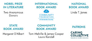 Graphic listing luncheon sponsors and award levels: Nobel Prize in Literature—Two Anonymous Donors; International Book Award—Community Foundation of Sarasota County; National Book Award—Linda T. Jones; State Book Award—Margaret D’Albert; Community Book Award—Tom Melville, James Cooper, and Laura Randall; Patrons—Caring Collective.
