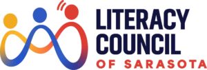 Literacy Council of Sarasota logo featuring three stylized human figures in yellow, blue, and red connected by a flowing line, next to the organization name.