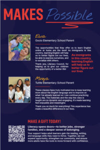 Graphic titled “Makes Possible” featuring testimonials from Elvia and Mireya describing how literacy programs helped them learn English, support their children, and improve their daily lives, with a call to donate.