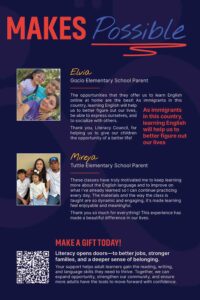 Two adult learners with family photos sharing testimonials about gaining confidence, learning English, and improving daily life through literacy education.