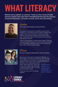 Two adult learners with their children shown in photos alongside testimonials describing how literacy programs helped them learn English and improve their lives.