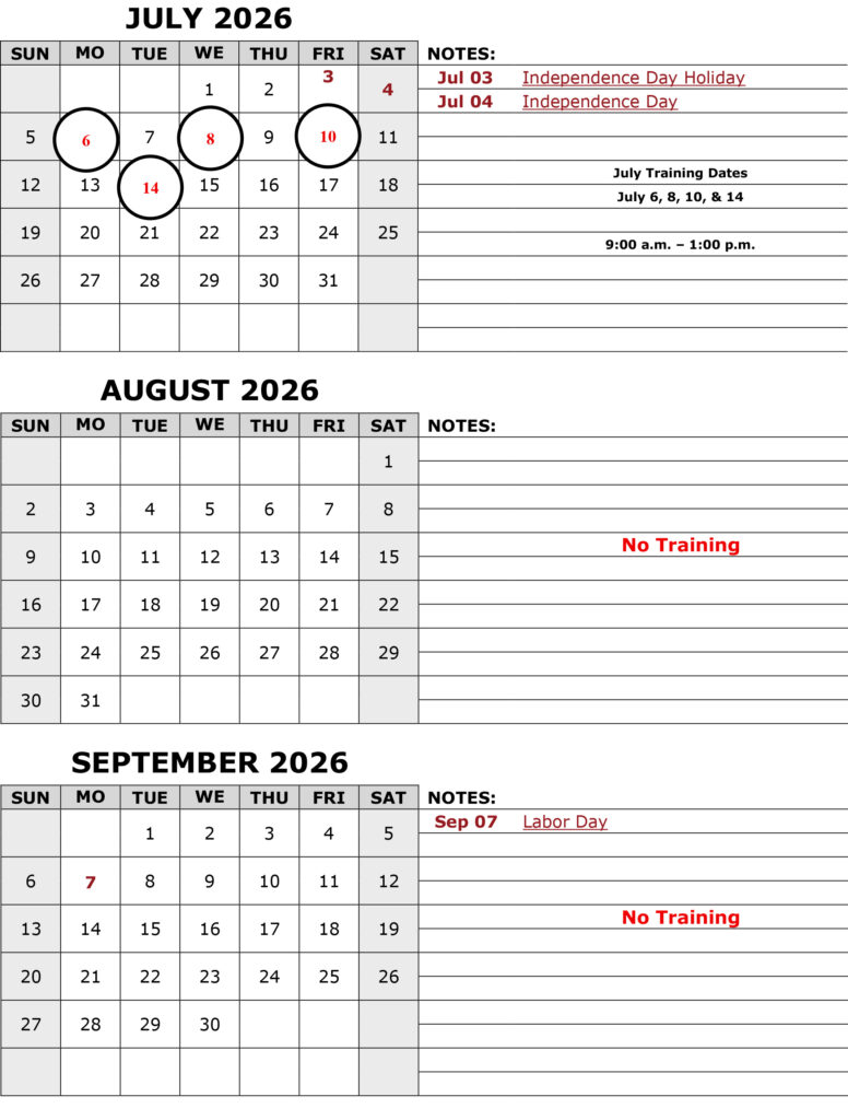 Training Calendar July - Sept 2026