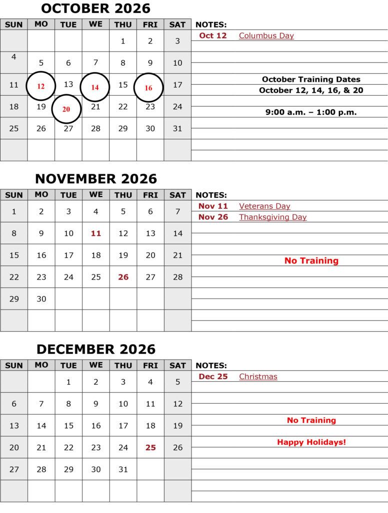 Training Calendar October- Dec 2026 Updated